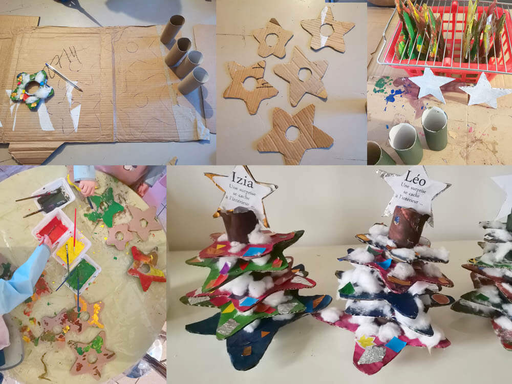 Découvrez les étapes de fabrication du sapin surprise, une activité manuelle réalisée à Brétigny-sur-Orge avec des enfants de 2 à 9 ans, idéale pour préparer Noël
